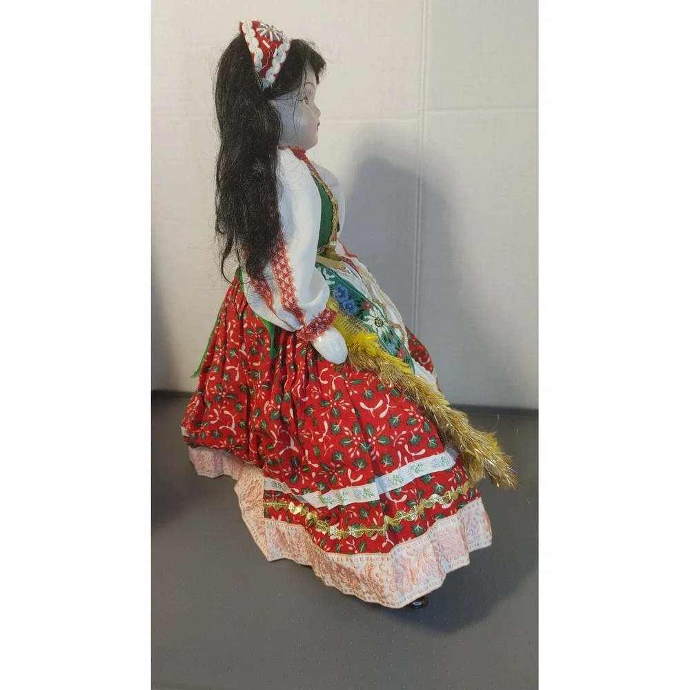 Porcelain Doll Folk Art 16in Red Great Traditional Costume Seated
